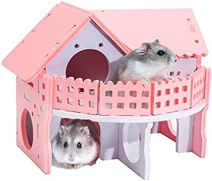 Hamster House Small Animal Hideout Wooden Assemble Double-Deck Hut Villa Ecological Cage Habitat Decor Accessories, Play Toys for Dwarf, Hedgehog, Syrian Hamster, Gerbils Mice