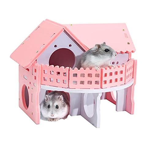 CHUQIANTONG Hamster Maze Wood House Small Animal Hideout Wooden Assemble Double-Deck Hut Villa Ecological Cage Habitat Decor for Dwarf, Hedgehog, Syrian Hamster, Gerbils Mice Cover