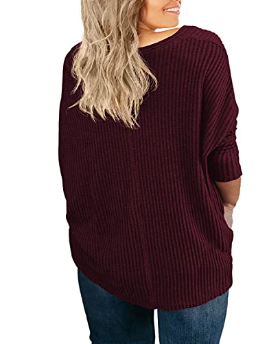 OLRIK Womens Plus Size Tops V Neck Tie Front Blouse Button Up Long Sleeve Waffle Knit Tunic T Shirts4
