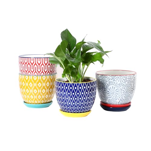 Selamica Ceramic Plant Pots, 5.6 Inch Flower Pots for Indoor Plants, Planters with Drainage Hole and Saucer, Garden Pots for Succulent, Orchid, Home Decor, Set of 4, Assorted Colors