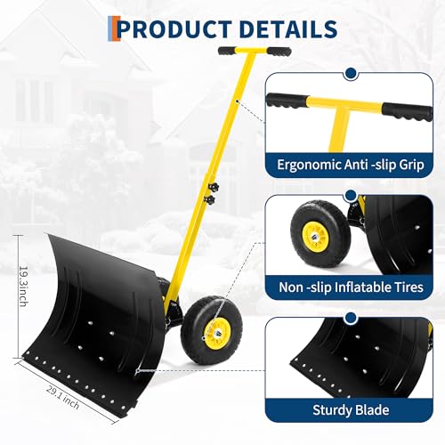 Snow Shovel for Driveway,Heavy Duty Push Snow Plow 29.1 Wx 19.3 H,Ergonomic Snow Pusher Shovel with Wheels with Snow Removal Adjustable Angle & 5-Level Height Handle by Garvee - Image 3