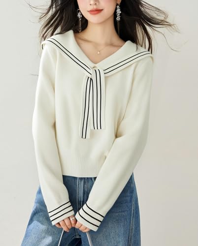 LAI MENG FIVE CATS Women's Sailor Collar Long Sleeve V-Neck Stripe Button Knit Top Shirt Blouse Sweater4