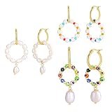 LAZLUVU Pearl Hoop Earrings Pearl Hoops Dangle Huggie Earrings for Women Girls