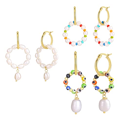 Lazluvu Pearl Hoop Earrings Pearl Hoops Dangle Huggie Earrings For Women Girls #TOP7