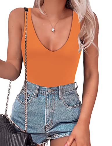SAUNGKUAI Womens Bodysuit Sexy Plunge Deep V Neck Backless Sleeveless Tank Thong Body Suits Outfits for Going Out Orange L