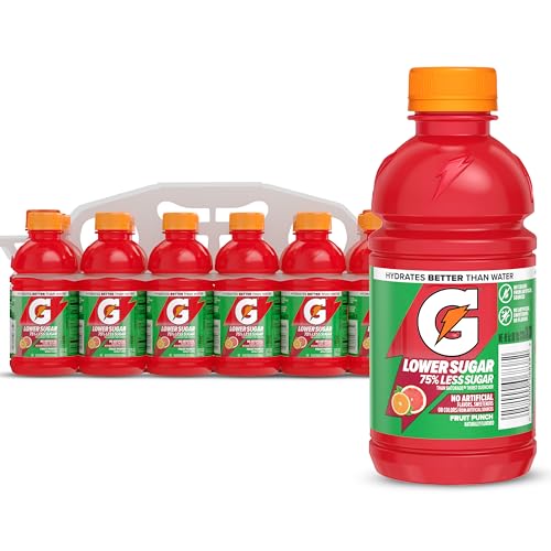 Gatorade Lower Sugar Electrolyte Sports Drink, Fruit Punch, 12 fl oz Bottles, (12 Pack), 75% Less Sugar, No Artificial Flavors, No Artificial Sweeteners, No Artificial Colors, Hydration