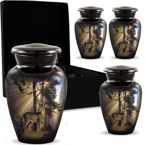 Image of Gone Hunting Deer Keepsake Urns with Sunrays - Set of 4 Majestic Buck Mini Cremation Urns for Human Ashes - Handcrafted Sharing Token Funeral & Memorial Urns with Velvet Bags & Funnel (S /4 Keepsakes)
