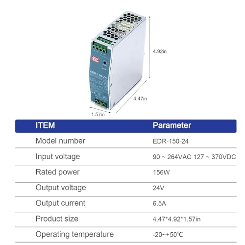 Image of EDR-150-24 150W 24V 6.5A Single Output Industrial DIN Rail Power Supply, Constant Current Limiting, Overload & Overvoltage Protection