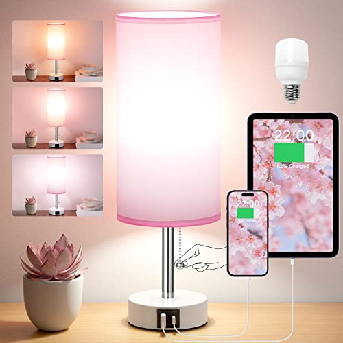 Hong-In Nightstand Lamp With 3 Color Modes - Pink Lamp For Bedroom With Usb-C Usb-A Charging Ports, 3000/4000/5000K Bedside Lamps By Pull Chain, Small Table Lamp For Bedroom, Office, Living Room #TOP7
