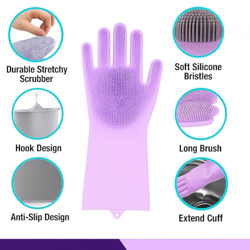 Image of Silicone Cleaning Gloves - Reusable Dishwashing Scrubber Gloves with Bristles - Waterproof, Non-Slip, Durable Kitchen Gloves for Washing Dishes, Car, Bathroom Cleaning (Violet, 1 Pair)