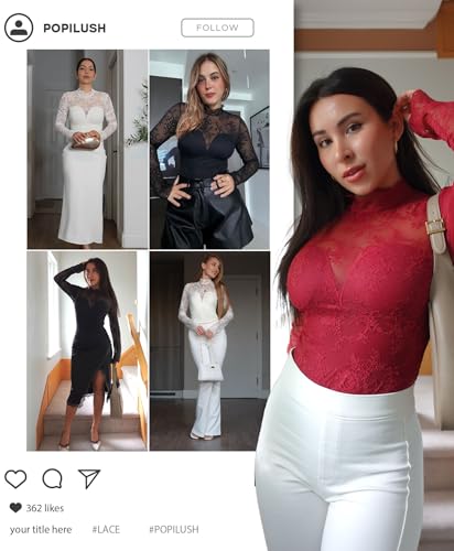 Popilush Long Sleeve Body Suits Womens Tummy Control Open Back Sheer Top Built in Bra Turtleneck Lace Shapewear Bodysuit2