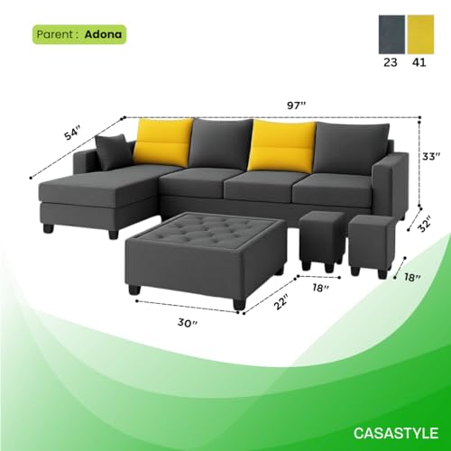 Image of CASASTYLE Texon 8 Seater Fabric LHS L Shape Sofa Set with 1 Centre Table & 2 Puffy (Yellow-Dark Grey) Velvet Finish | Comfortable Sectional Sofa for Living Room