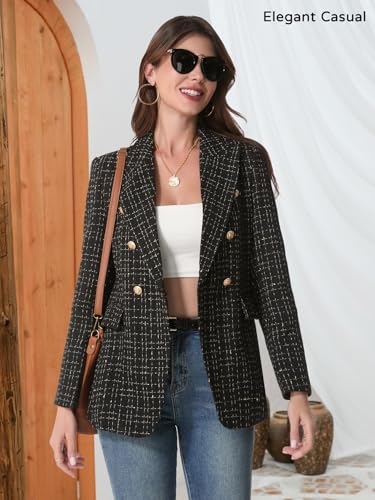 Mina Self 2026 Spring Women's Tweed Plaid Blazer Jacket - Fully Lined Fashion Business Casual Elegant Work Coat Pockets