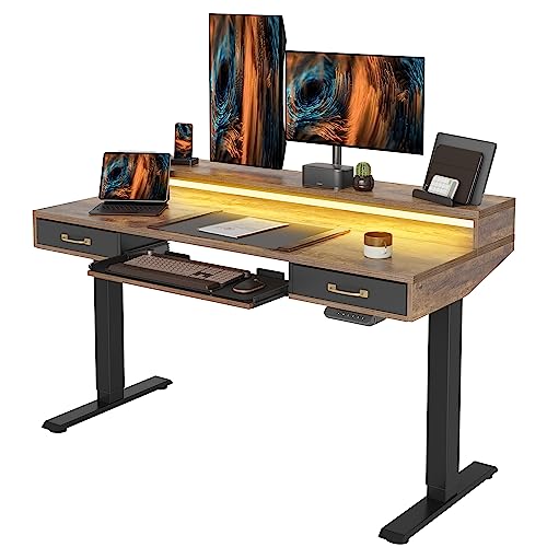 FEZIBO Standing Desk with 2 Drawers&Keyboard Tray, 140 x 60 cm Sit Stand Up Desks with Monitor Stand & LED Strip, Rustic Brown