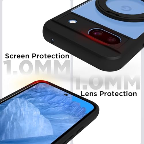 Image of RIGGEAR Shockproof Sleek Hybrid Armor 360 Rotating Magnetic Ring Stand Back Cover Case Compatible with MagSafe Accessories for Google Pixel 8A (Clear PC + Black TPU Bumper)