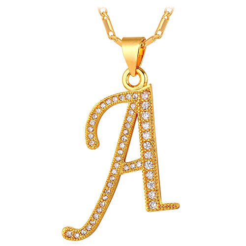 U7 Initial Necklace for Women, Gold/Platinum Plated CZ Crystal Letter A-Z Pendant Necklace, Shiny 20 Inch Name Chain Dainty Personalized Jewelry for M