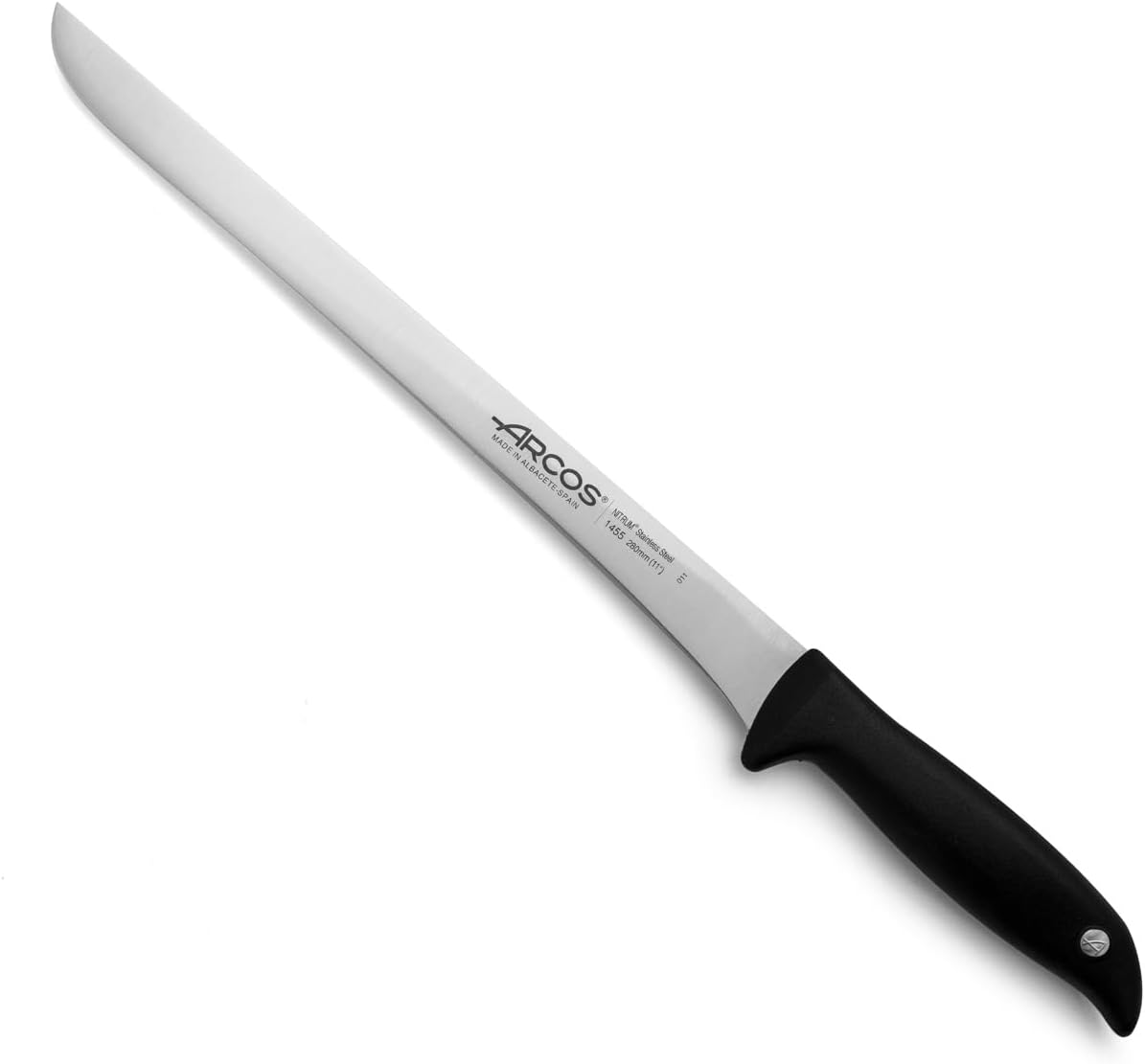 Arcos Slicing Knife/Ham Knife 10 Inch Nitrum Stainless Steel and 240 mm blade. Ergonomic Polyoxymethylene POM Handle. Series Menorca. Handle made of lightbluish polypropylene. Color Black.