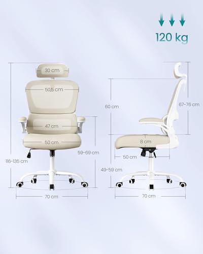 SONGMICS Krzesło biurowe, ergonomiczne krzesło z dwuwarstwową oddychającą tkaniną siatkową, adaptacyjne podparcie odcinka lędźwiowego, regulowany zagłówek, do domowego biura, beżowo-piaskowy OBN041L01