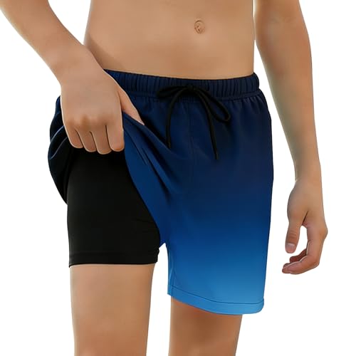 Image of TMEOG Boys Swimming Shorts with Compression Liner Quick Dry Kids Swimming Trunks with Pockets Beach Board Shorts Drawstring Waist (Gradient Blue,10-12 Years)
