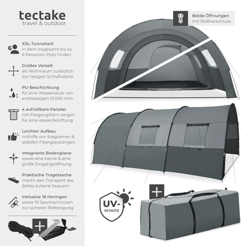 tectake® Tunnelzelt, 6 Personen, Familienzelt, Zelt groß mit Vorzelt und Bodenplane, UV-Schutz, Camping Zelt inkl. Tragetasche, 350 x 480 x 195 cm - dunkelgrau/hellgrau – Bild 3