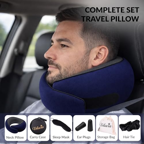 Image of Travel Neck Pillow,Ergonomic 360 Memory Foam Support for Head, Neck. Adjustable for Long Flights. Soft &Washable Cover, EVA Box, 3D Eye Mask, Earplugs, Hair Tie & Luxury Bag (Dark Blue)