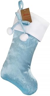 Top Sale Calcetín de Navidad con efecto terciopelo de felpa, 40 cm x 25 cm, color azul con pompón blanco