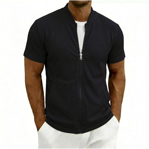 Camisa de punto waffle para hombre con cremallera completa, cuello beisbolero, manga corta, ligera para verano, casual con bolsillos miniatura 1