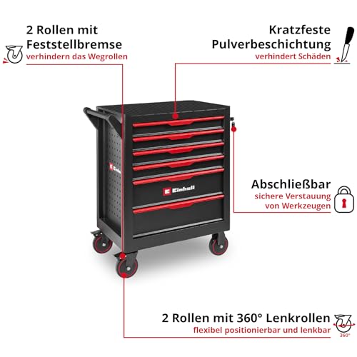 Original Einhell Werkstattwagen leer (6 Schubladen, Interlock-System, kugelgelagerte Führungsschienen, belastbar bis 135 kg, mobil mit Feststellrollen)