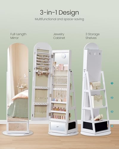 Image of SONGMICS 360 Swivel Jewelry Cabinet, Full-Length Arched Mirror with LED Lights, Magnifying Mirror, Storage Shelves, Drawer, Cloud White UJJC030WB01