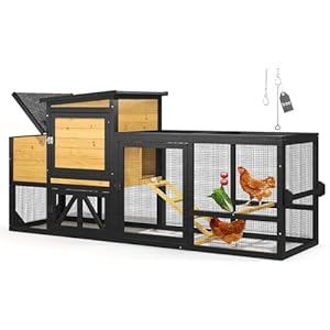 80″ Chicken Coop for 2-4 Chickens with Wheels, Outdoor Wooden Hen House w/Nesting Box & Run Cage, Weatherproof for Backyard Poultry Pet Hutch, Removable Tray and Hanging Chicken Feeder