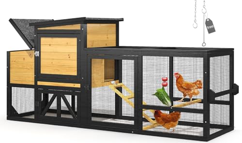 80" Chicken Coop for 2-4 Chickens with Wheels, Outdoor Wooden Hen House w/Nesting Box & Run Cage, Weatherproof for Backyard Poultry Pet Hutch, Removable Tray and Hanging Chicken Feeder