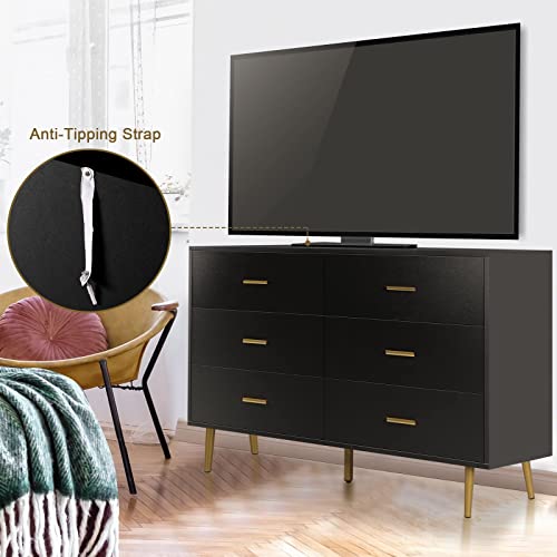 Maisonpex 6 Drawer Dresser For Bedroom, Black Modern Wood Dresser With Metal Handles, Chest Of Drawers, Sturdy Frame Bedroom Furniture, Dressers With Drawers For Closet Hallway, Living Room #TOP5