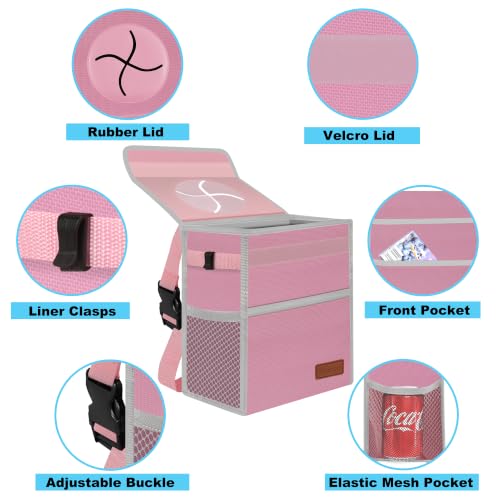 Image of Femuar Leak Proof Car Trash Can with Lid, Collapsible Hanging Waterproof Car Trash Bag with Mesh Pocket for SUV Front Seat Headrest, Large /Light Pink