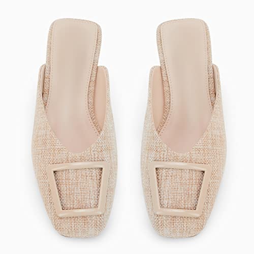 Women's Flat Linen Mules Ladies Square Buckle Decor Closed Square Toe Backless Slip On Slides Loafer Shoes #TOP5