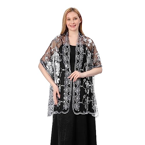 Sparkly Shawls and Wraps for Evening Dresses, Women's 1920s Sequin Floral Sheer Mesh Deco Wedding Party4