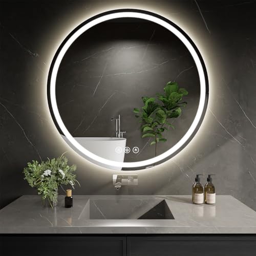 WISSMIELS LED Bathroom Mirror 30 Inch Round Bathroom Mirror with Lights, Circle LED Mirror, Wall Mounted Lighted Bathroom with 3 Colors Brightness, Anti-Fog, Dimmable, Shatter-Proof