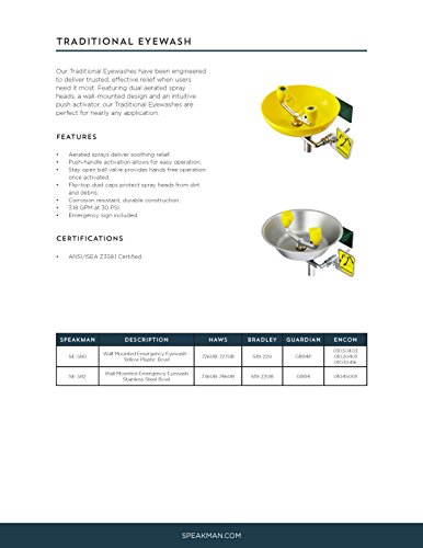 Speakman, Yellow Se-580 Traditional Series Wall-Mounted Emergency Eyewash #TOP7