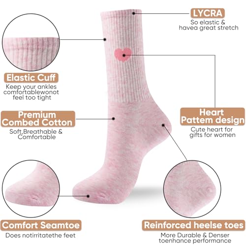 Image of Corlap Women's Cotton Crew Calf Socks - 5 Pairs Ankle High Dress Casual Socks, Fun Cute Heart Gifts for Mom Mother