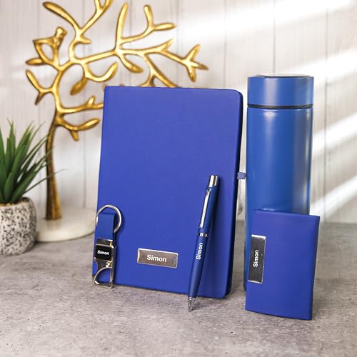 Image of Personalised 5 in 1 Corporate Gift Set which Includes Diary,Keychain, Cardholder, Metal Pen & Vaccum Flask. Gift Set for, Employee of The Month, Corporate Gift for Clients (Blue)