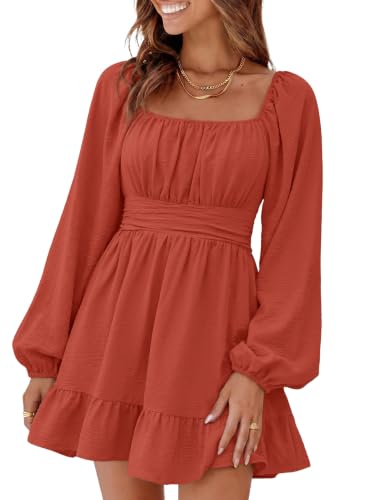 Image of Dokotoo Womens Dress Long Lantern Sleeve Square Neck Tie Backless Sexy Dress Ruffle Elastic Waist A-Line Mini Dress