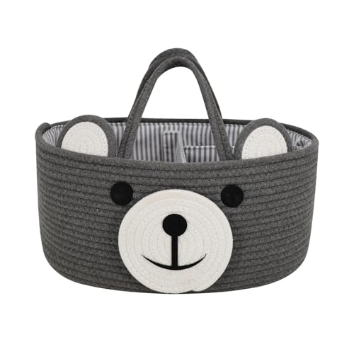 Image of Home & Tots Baby Diaper Caddy Organizer, Cotton Rope Nursery Storage Basket for Diapers, Wipes & More, Gift for Baby Shower, Portable Organizer for Changing Table, Bear Design (Large Size - Dark Gray)