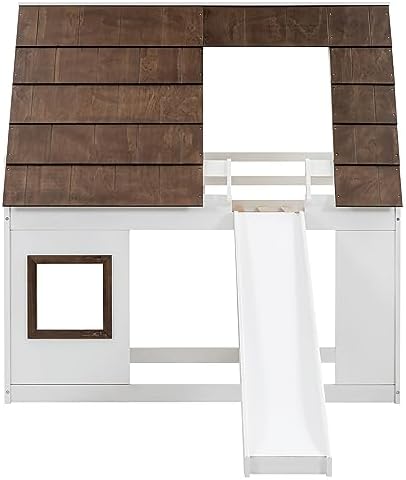 Bellemave Bunk Bed Twin Over Twin, Bunk Bed with Slides and Stairs, House Bunk Bed with roof, Twin bunk Bed for Kids, Teens, Kids bunk beds, White+Brown