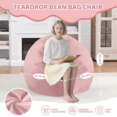 2FT Bean Bag Chair, Comfy Bean Bag Chairs with Memory Foam Filled, Fluffy Beanbag Sofa with Dutch Velvet Cover, Teardrop BeanBag Chairs for Living Room, Playroom - Light Pink