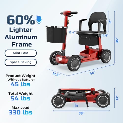 Image of Lightweight Mobility Scooter for Seniors & Adults - Airline & Cruise Approved, 45lb Portable Motorized Scooters with Removable Battery for 12.4 Miles Range, Pneumatic Tires, 330lb Capacity, Red
