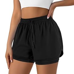 Yevrimow Women's 2 in 1 Running Shorts for Gym Yoga Workout Athletic Shorts High-Waisted Shorts with Liner Pockets Black-M