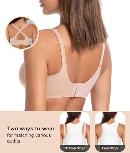 SHAPERX Wireless Bras for Women Seamless Push Up V Mesh Bralette No Underwire Full Coverage T-Shirt Bra with Removable Pads2