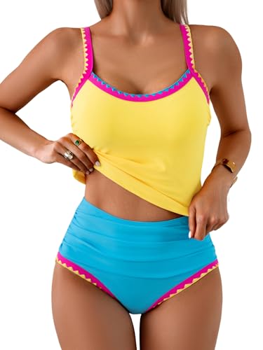 Image of Eomenie Tankini Swimsuit for Women Tummy Control Ruched Two Piece Bathing Suits High Waisted Shell Stitch Swimwear