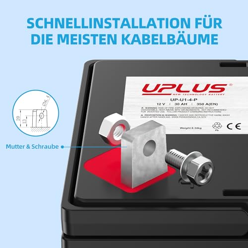 UPLUS UP-U1-4-P Rasentraktor Batterie 350A 12V 30Ah AGM Rasentraktor Batterie Starterbatterie für Aufsitzmäher wartungsfrei Maße: 195x125x176 mm (+，-)