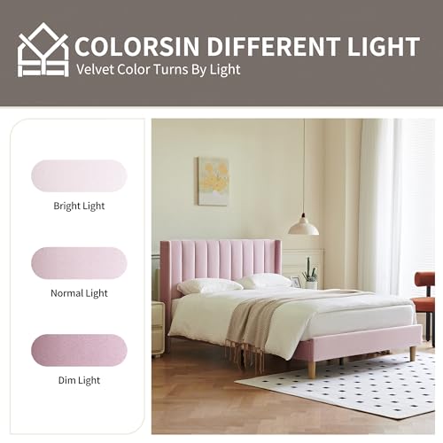 YUHUASHI upholstered Platform Bed Frame/Full Bed Frame/Modern Geometric Double-Wing Design headboard/Velvet Fabric/Easy to Assemble no Noise(Pink, Full) by YUHUASHI - Image 6