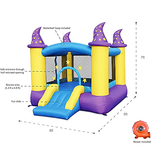 Fbite Inflatable Bounce House Bouncer, Spacious Bouncing Area With Fun Slide, Safe Hook-And-Loop Fastener Entrance, Basketball Hoop, Fun Party Wizard Castle Theme #TOP4